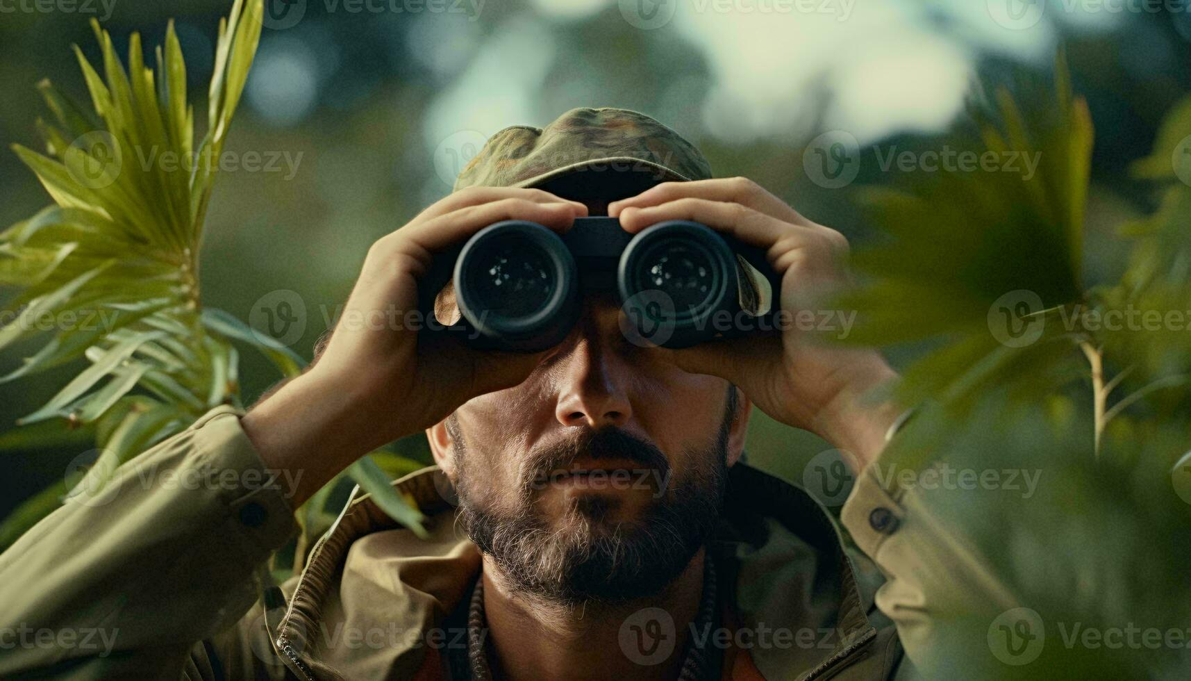 A man observing nature with binoculars in a lush forest AI Generated photo