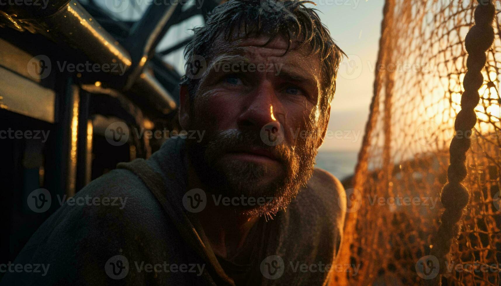 A man holding a fishing net by the water AI Generated photo