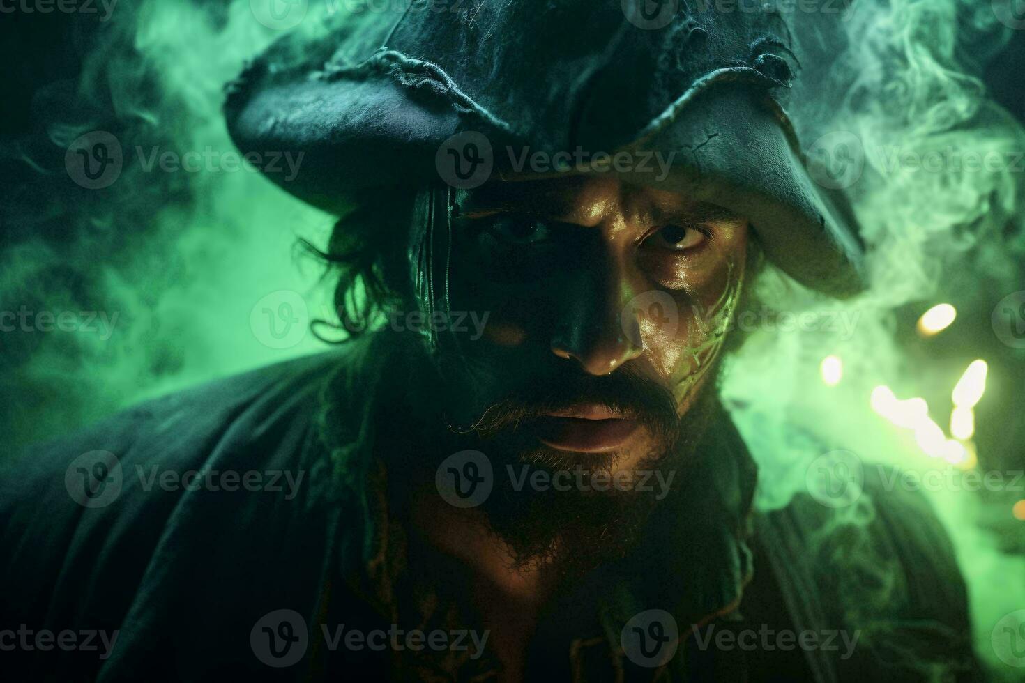 A person wearing a pirate hat up close AI Generated photo