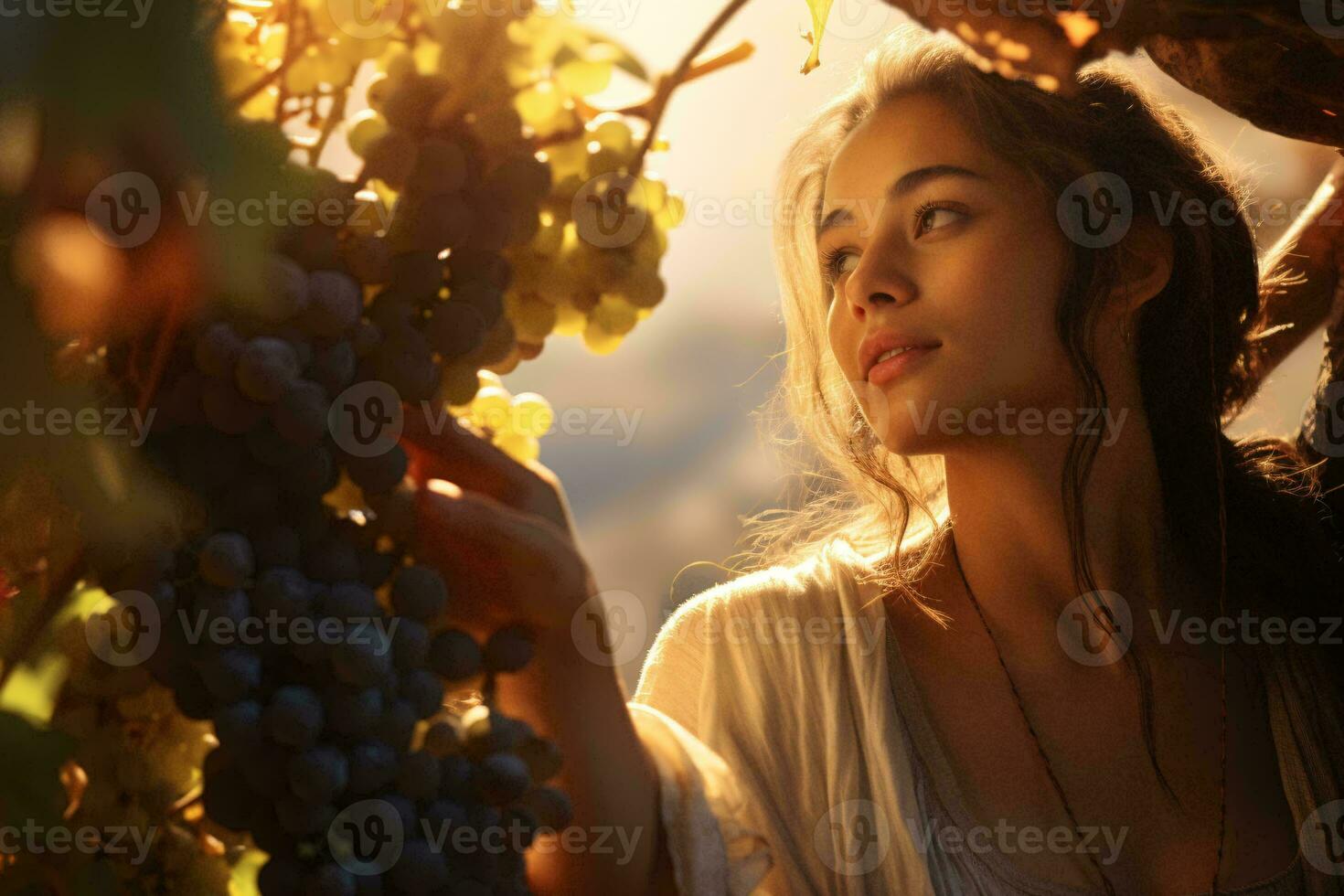 A woman posing next to a cluster of ripe grapes AI Generated photo