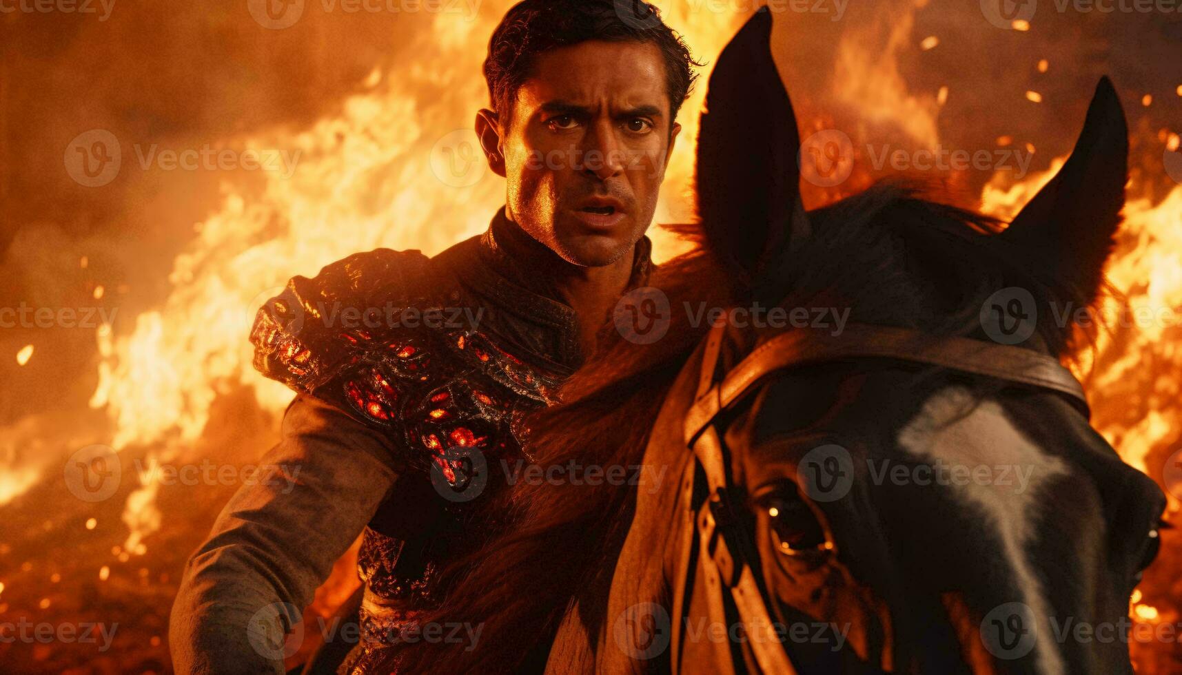 A man riding a horse in front of a blazing fire AI Generated photo