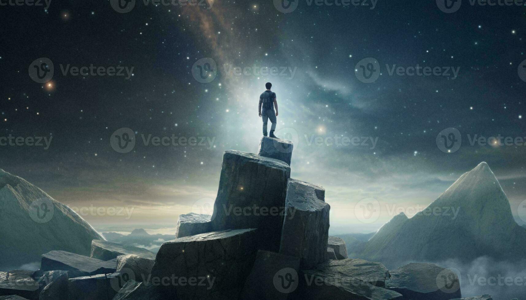 A man standing on a majestic rock formation AI Generated photo