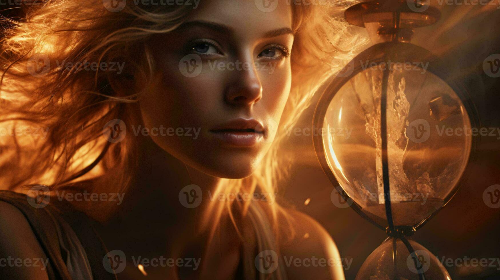 A stunning woman holding a clock in her hand AI Generated photo