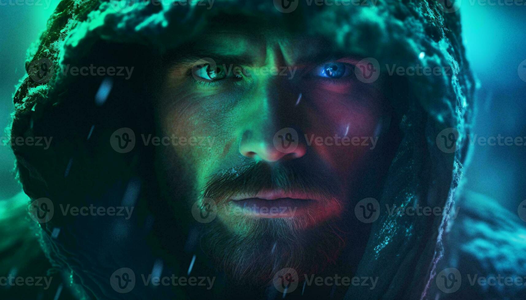 A mysterious man with piercing blue eyes wearing a hooded jacket AI Generated photo