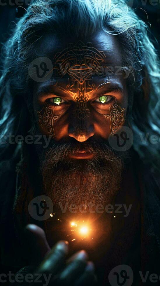 A man holding a light, with long hair and green eyes AI Generated photo