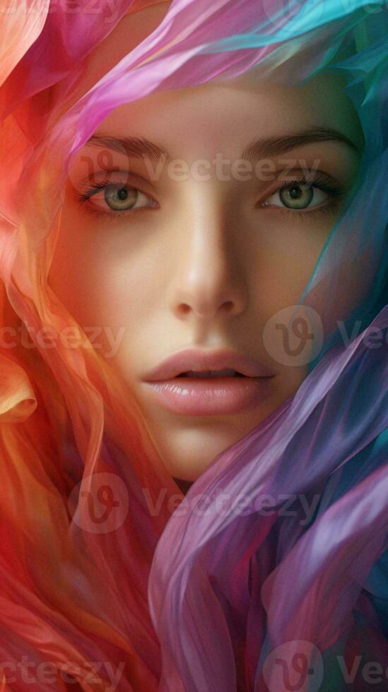 A woman with vibrant hair and captivating blue eyes AI Generated photo