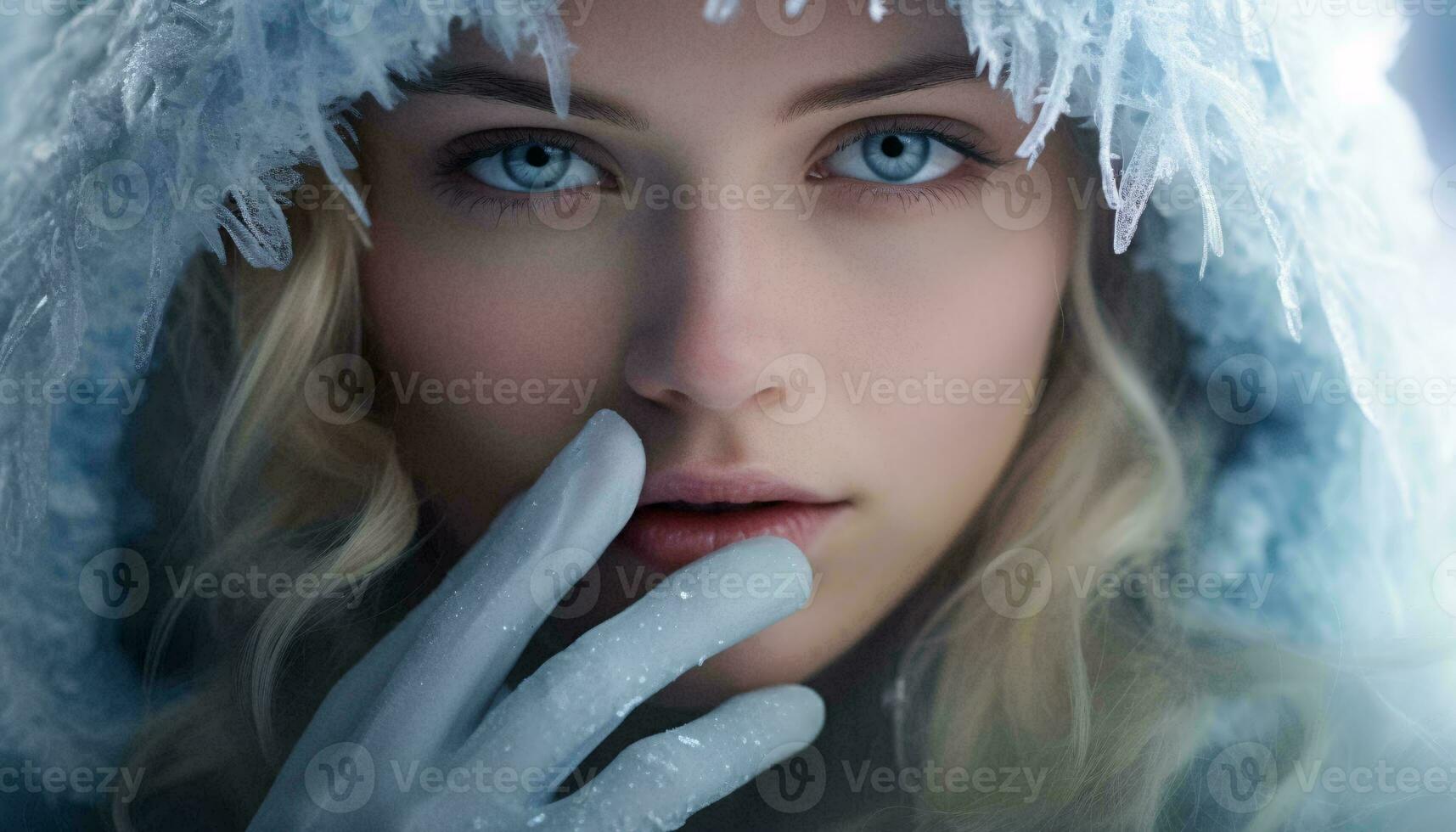 A woman with striking blue eyes wearing a stylish white hat AI Generated photo