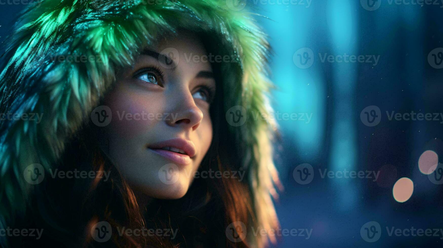 A woman wearing a green fur hat looking up AI Generated photo
