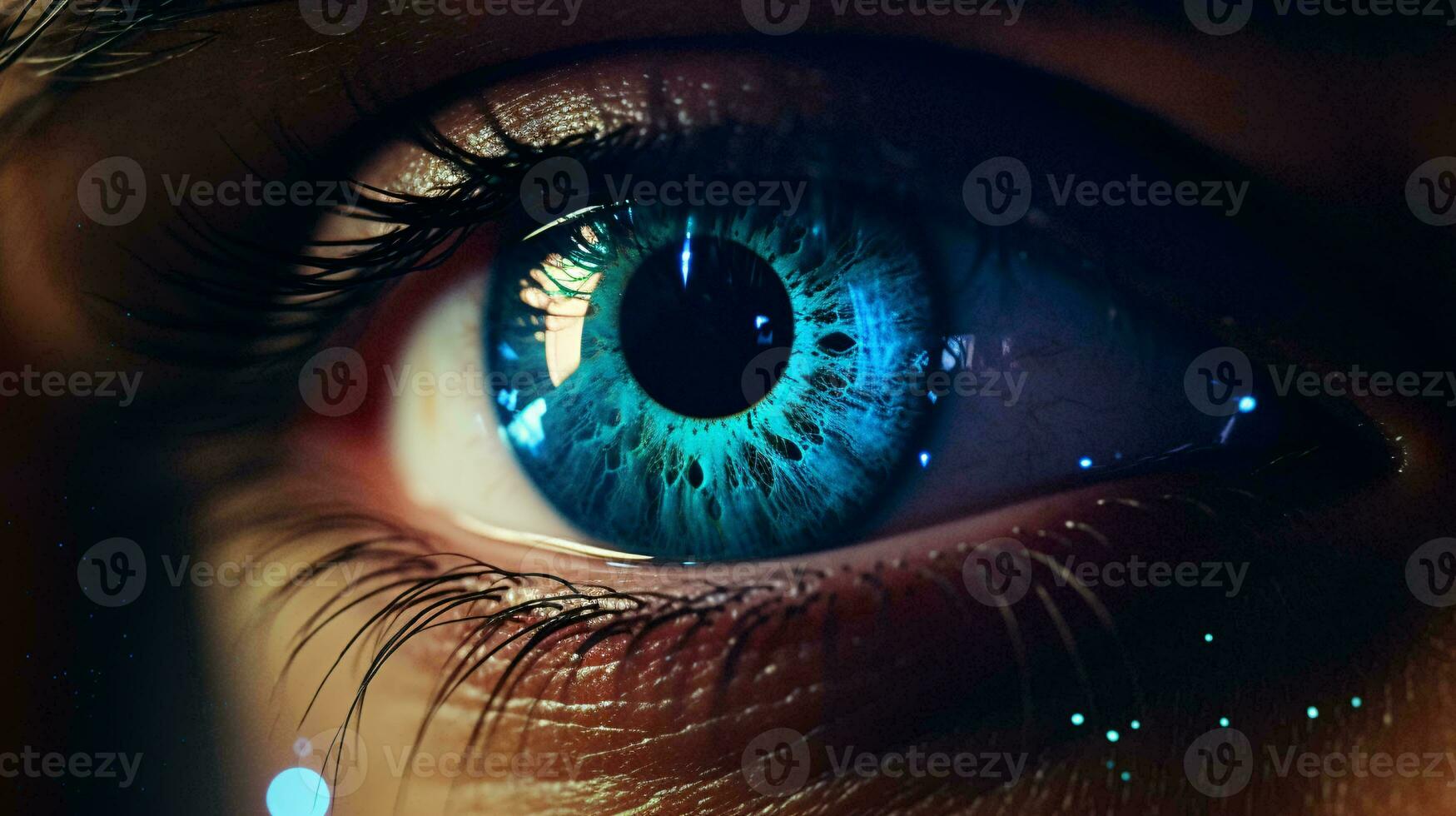 A mesmerizing close-up of a vibrant blue eye AI Generated photo