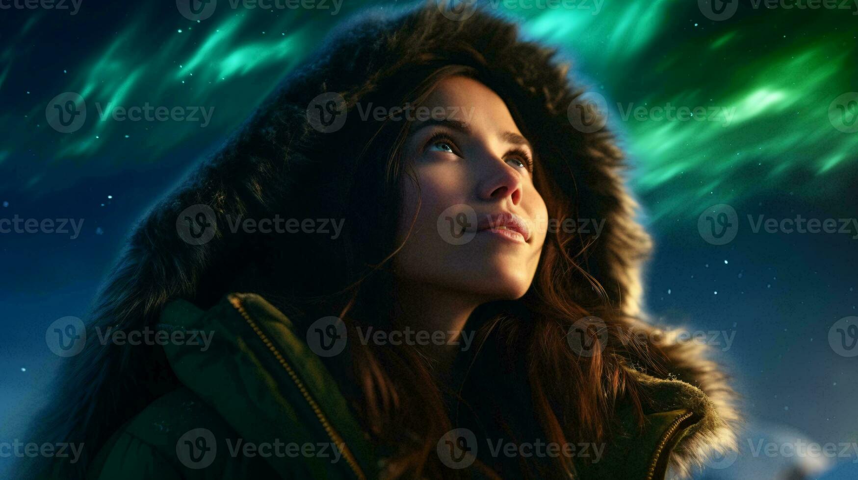 A woman gazing at the sky in a vibrant green jacket AI Generated photo