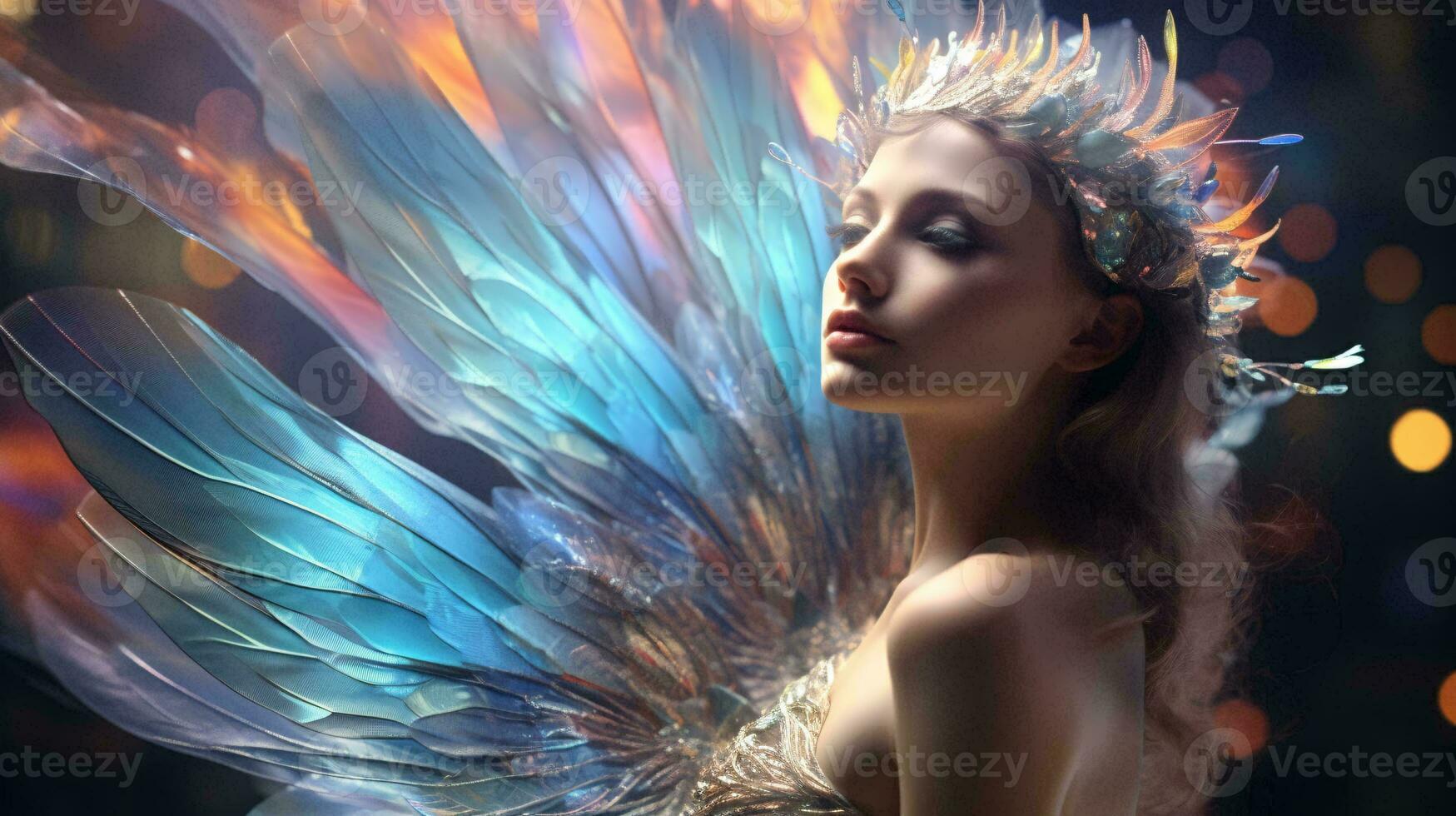 A stunning woman with vibrant winged headdress AI Generated photo