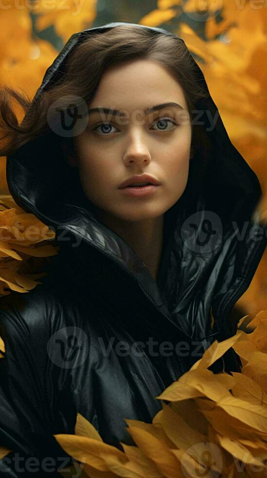 A woman in a black coat surrounded by yellow leaves AI Generated photo