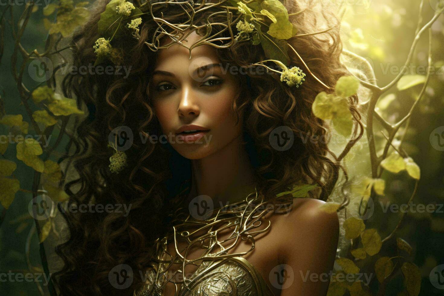 un mujer con un floral corona y fluido pelo ai generado foto