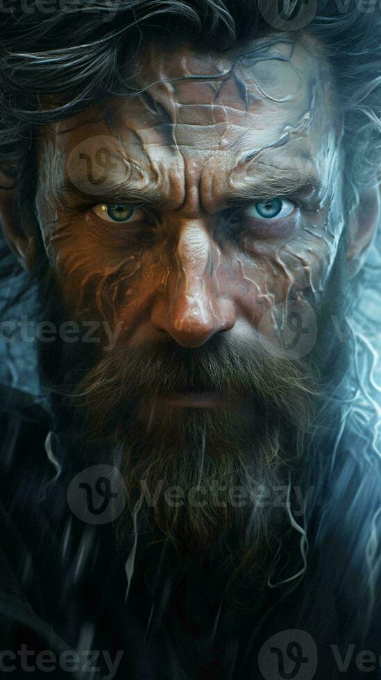 A bearded man with striking blue eyes AI Generated photo