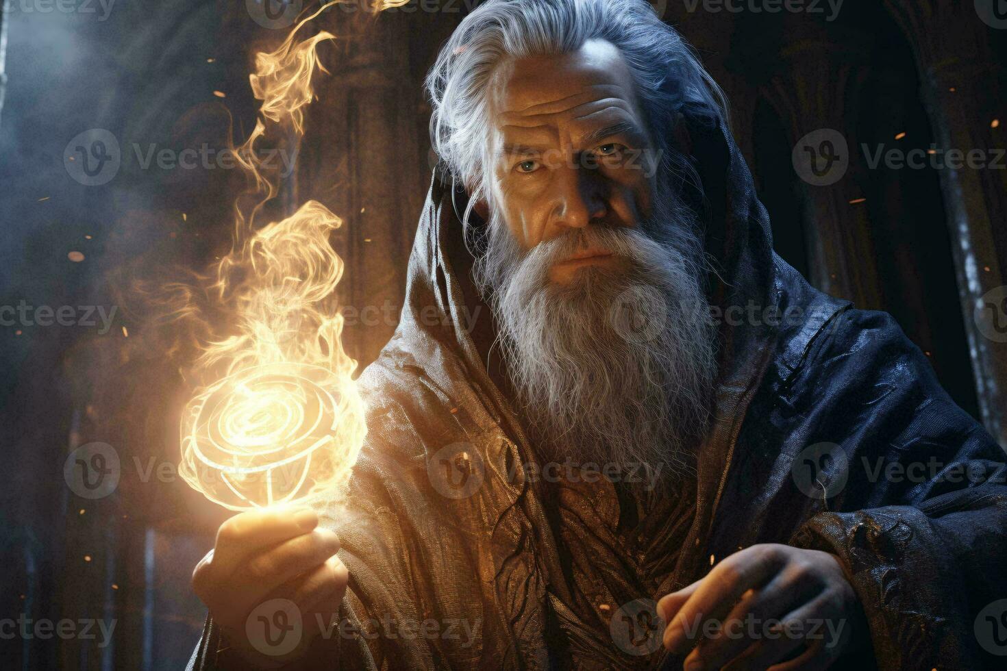 A wise old man holding a luminous orb AI Generated photo