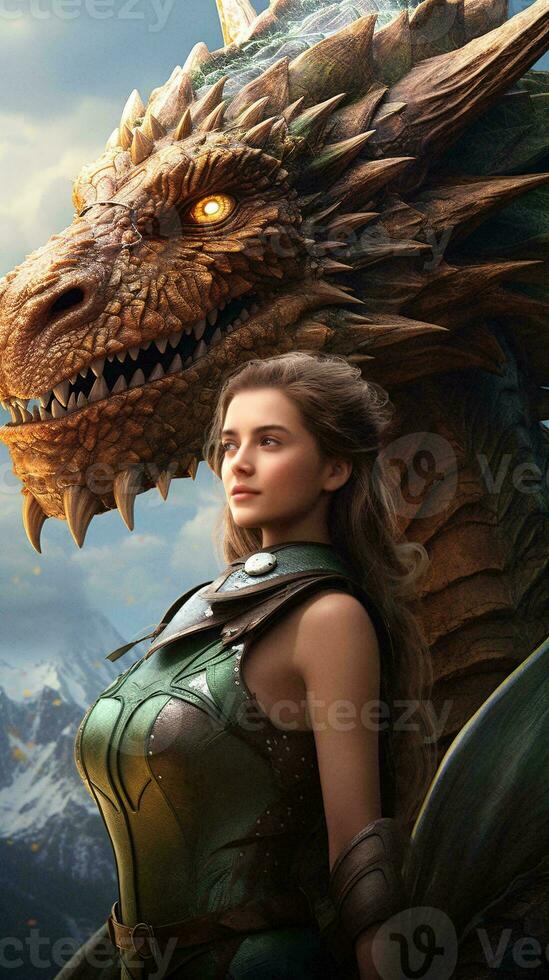 A woman standing next to a dragon AI Generated photo