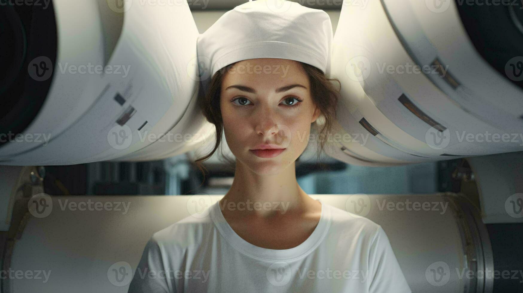 A female chef standing in front of a food processing machine AI Generated photo