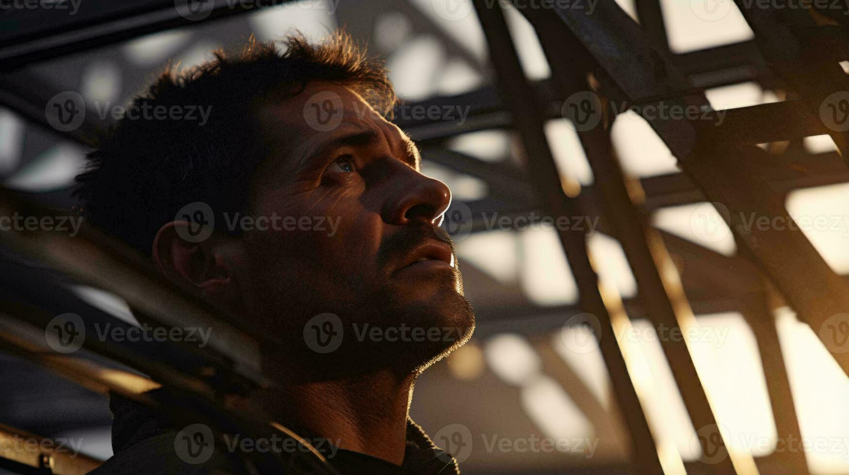 A man standing in front of a striking metal structure AI Generated photo