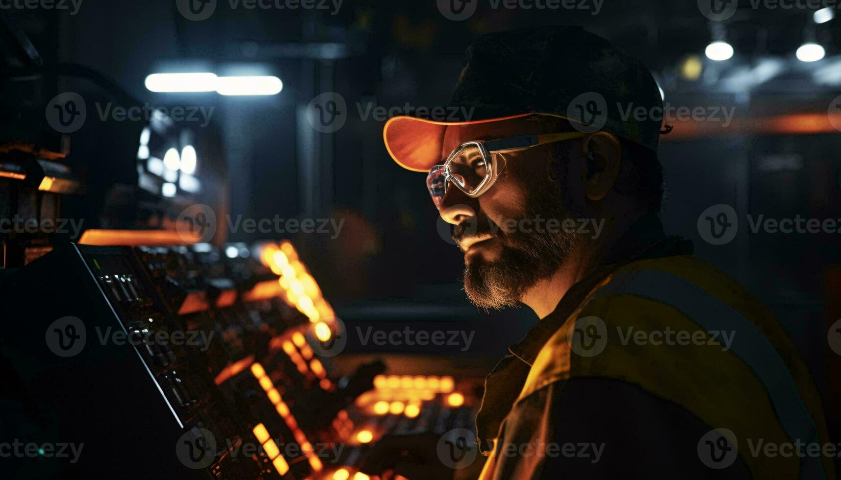 A man wearing a hard hat and safety glasses operating a machine AI Generated photo