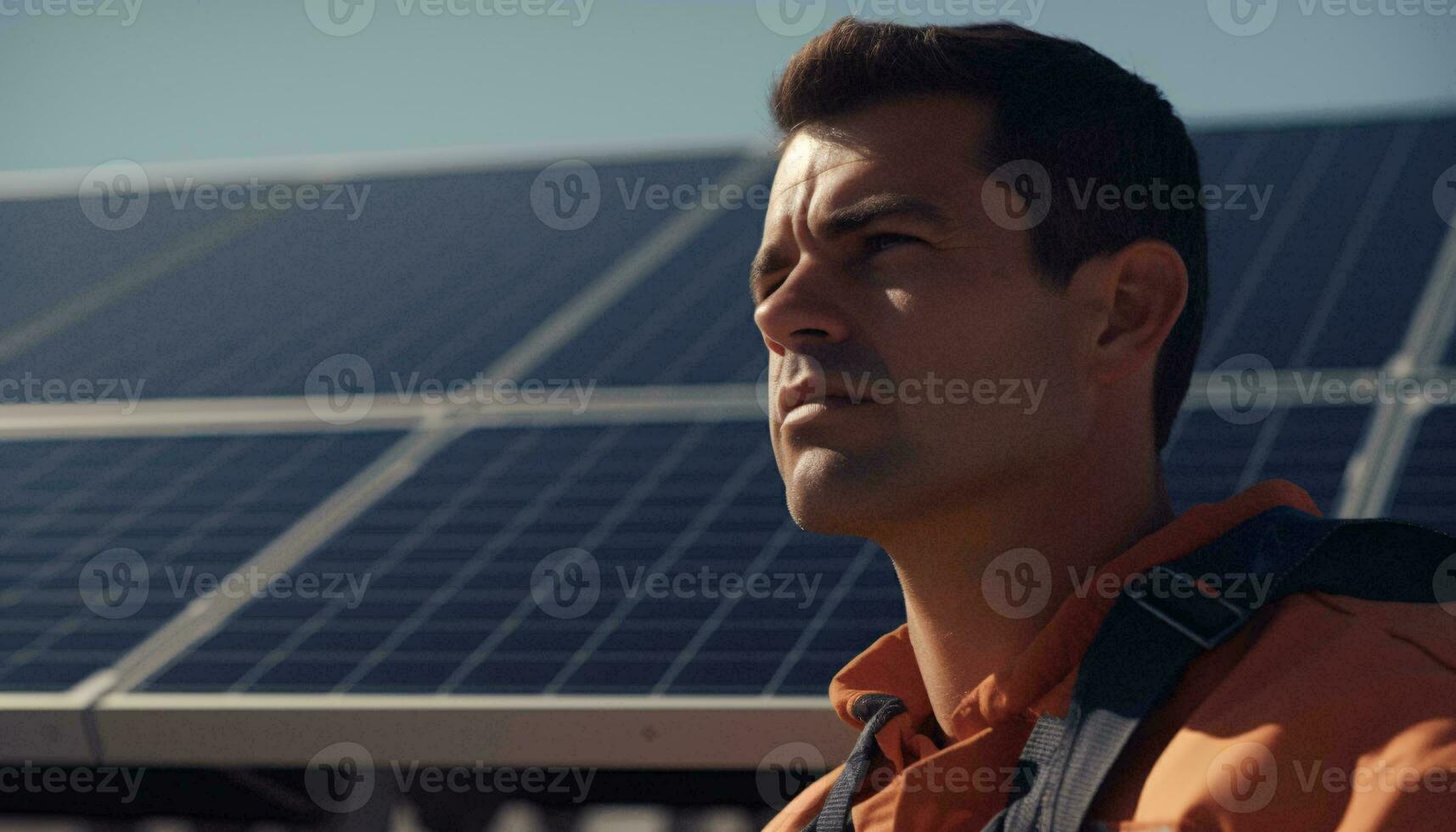 A man standing in front of a solar panel, embracing renewable energy AI Generated photo