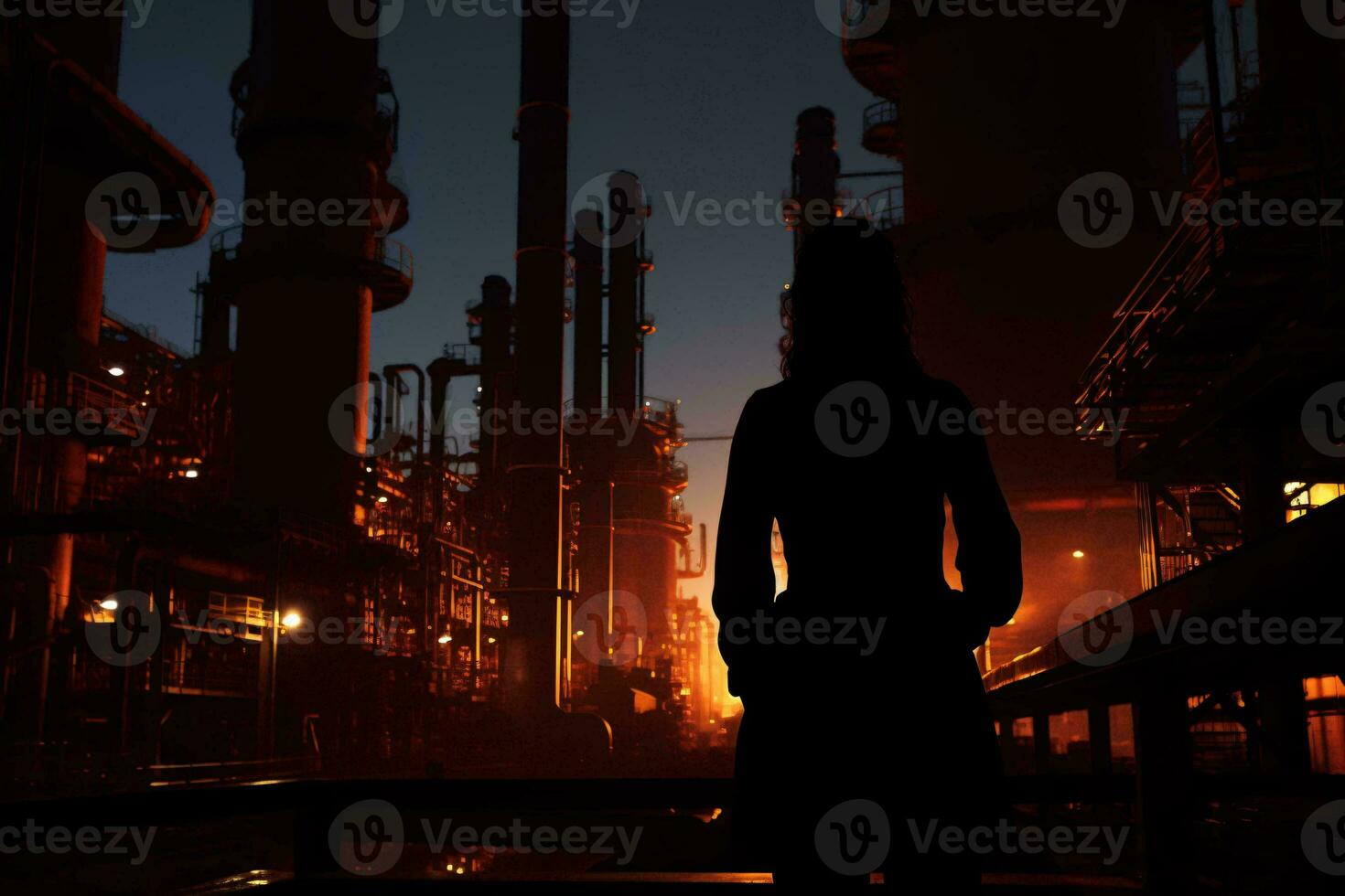 A man standing in front of a factory at night AI Generated photo