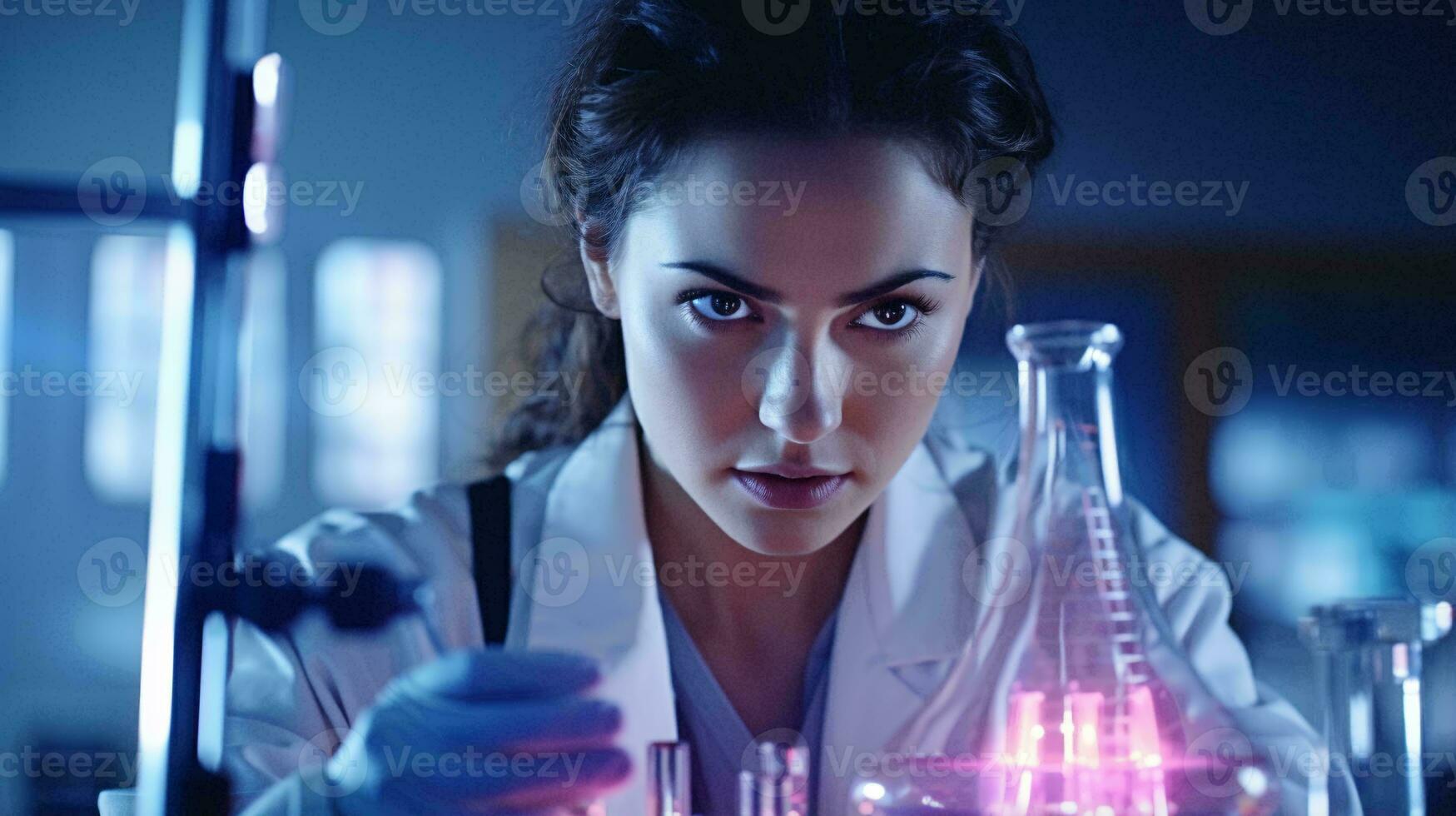 A female scientist holding a flask of colorful liquid in a laboratory AI Generated photo