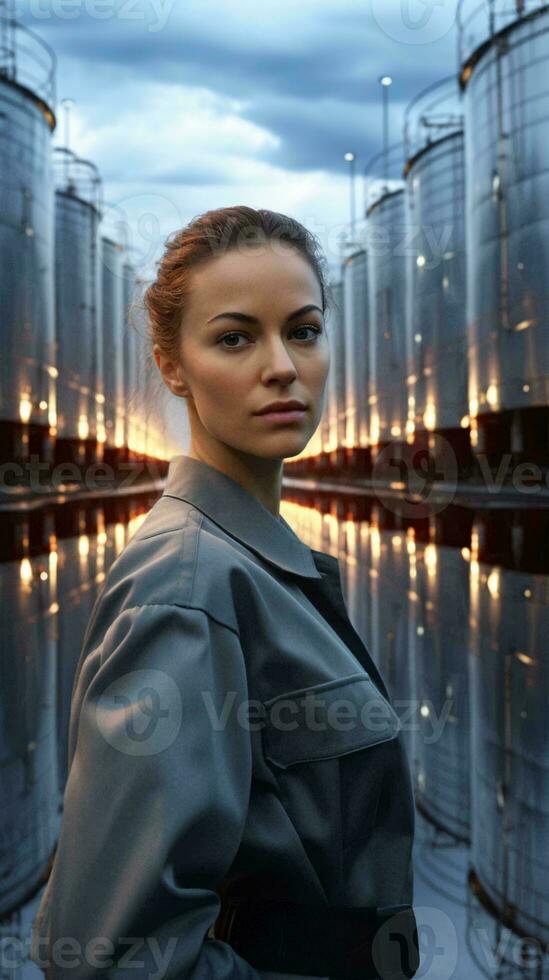 un mujer en pie en frente de un fila de silos ai generado foto