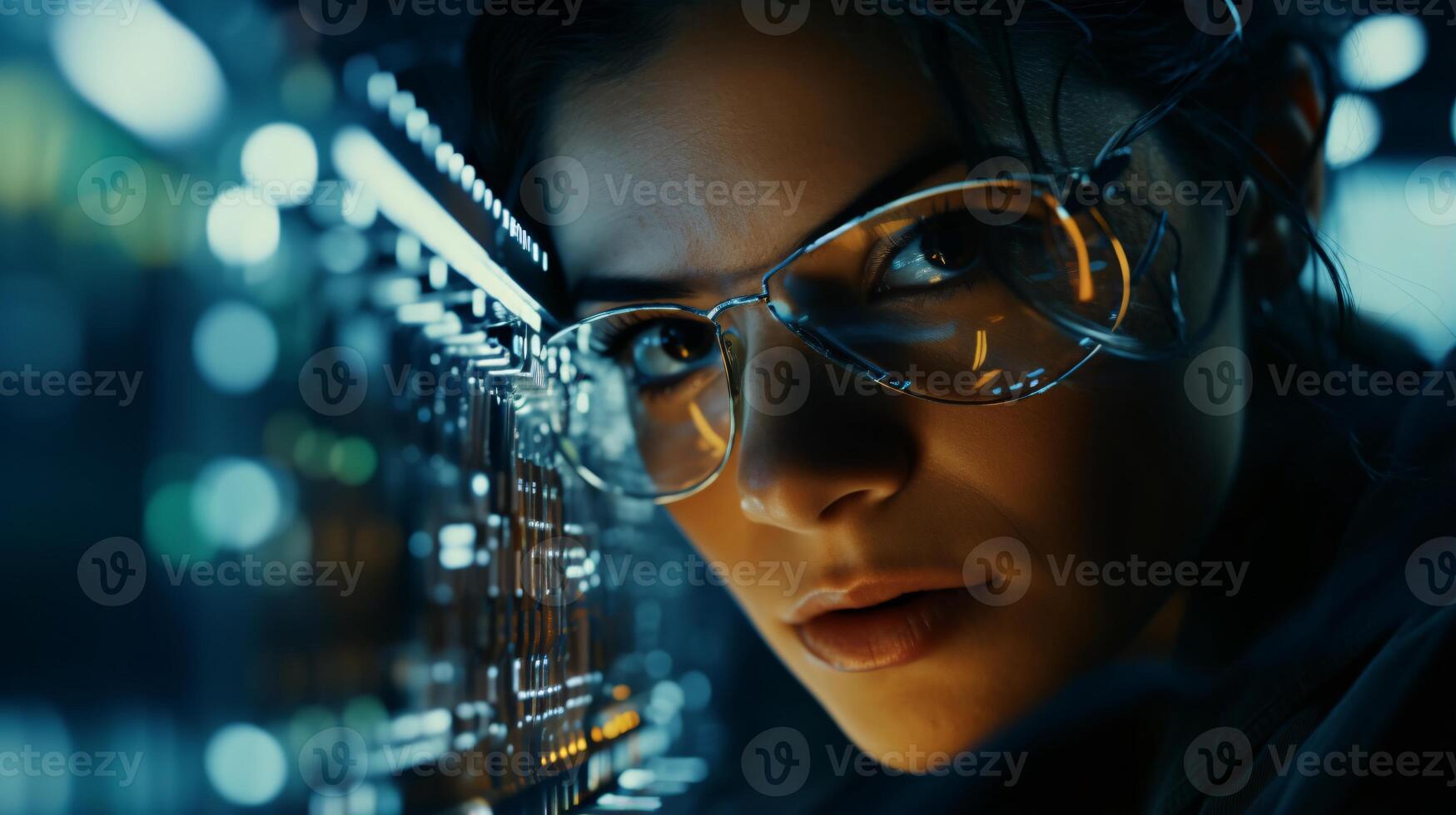 A woman wearing glasses working at a computer desk AI Generated photo