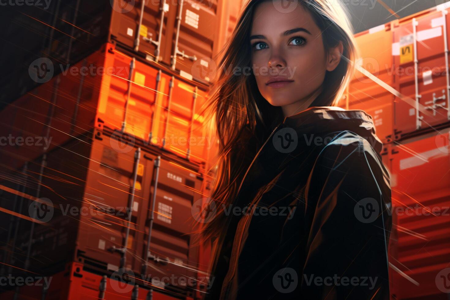 A woman surrounded by stacks of boxes AI Generated photo