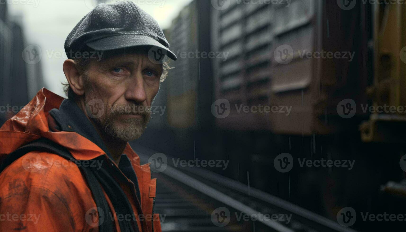A man standing next to a train wearing an orange jacket and hat AI Generated photo