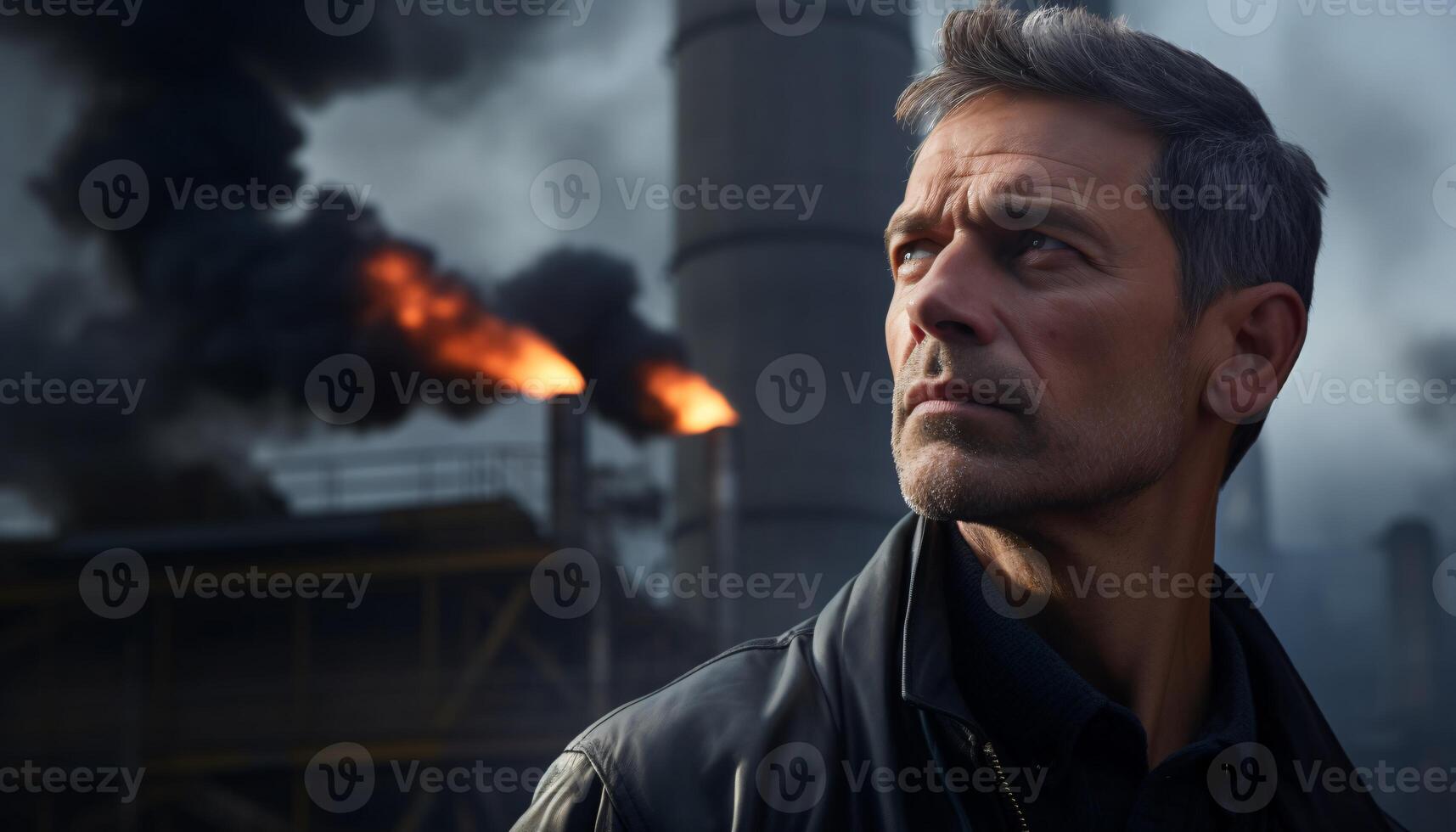 A man in a black jacket observing a factory AI Generated photo