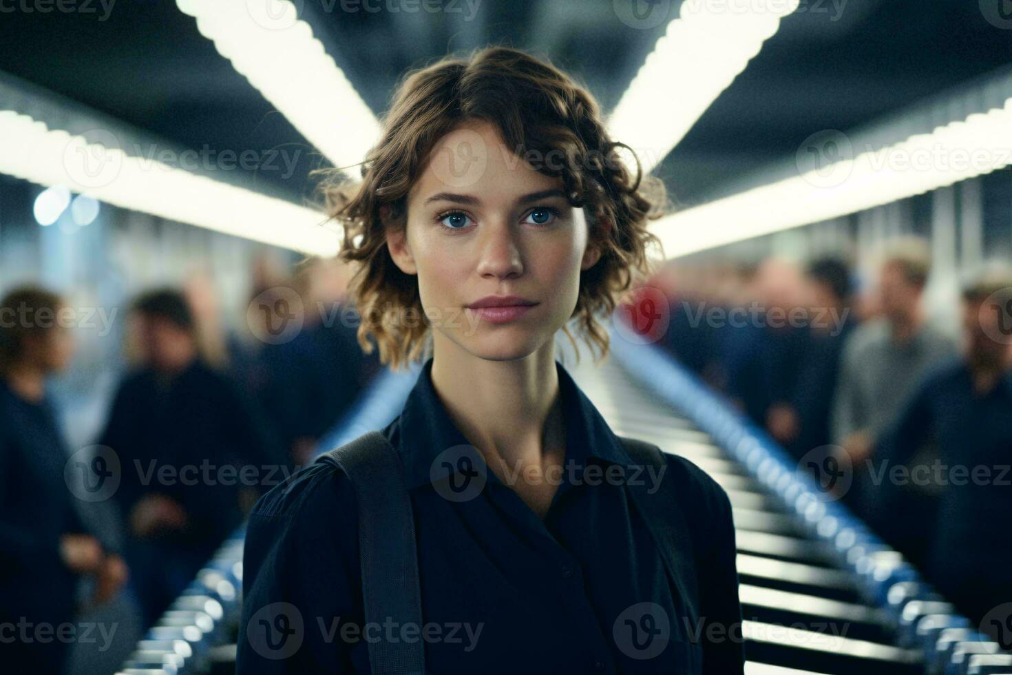 A woman standing in front of a row of escalators AI Generated photo