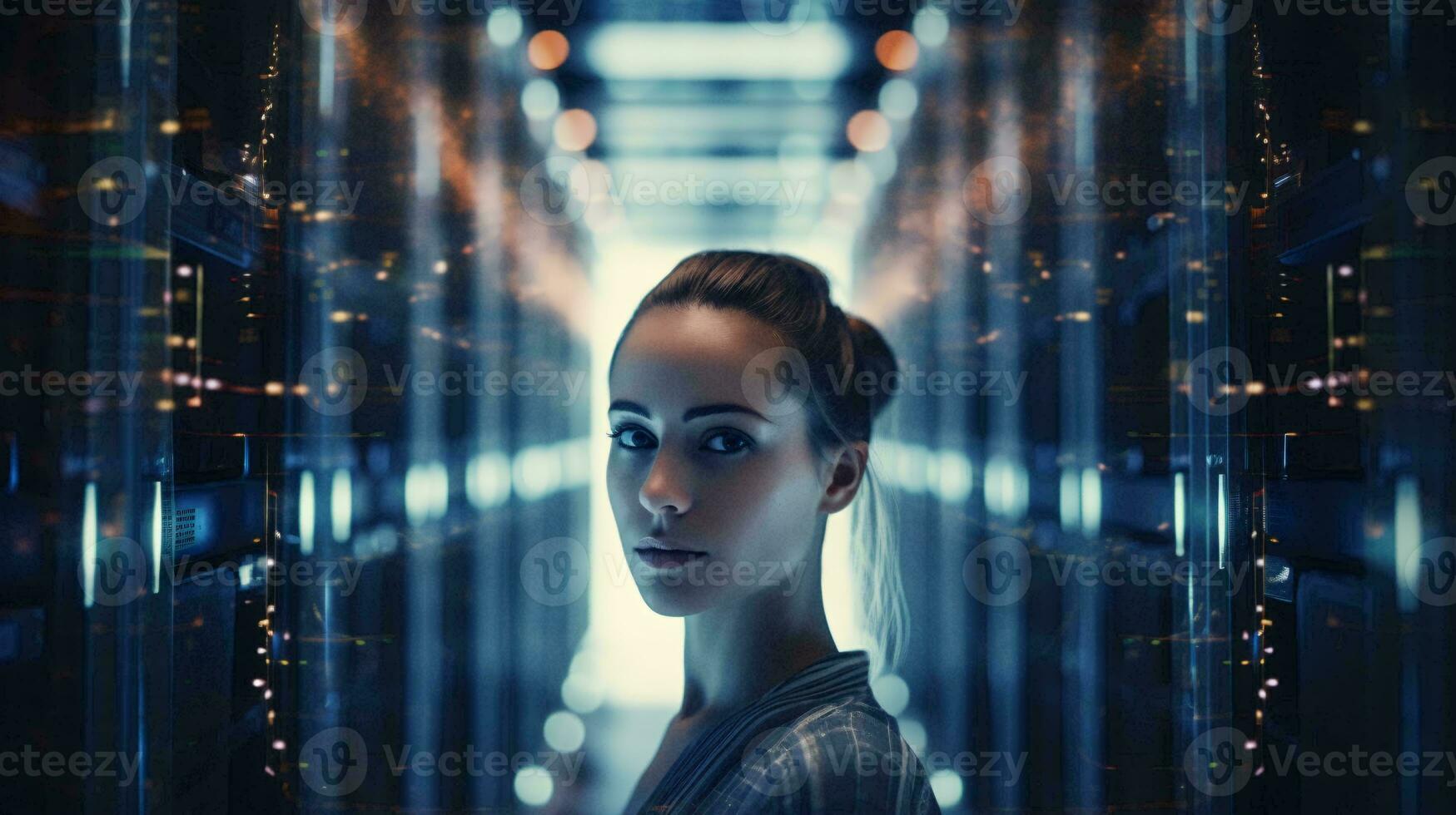 A woman standing in front of a row of servers AI Generated photo