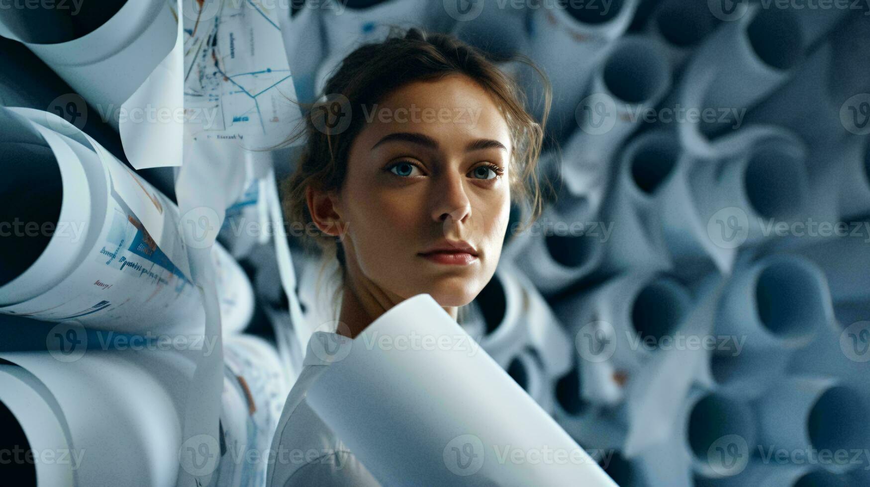 A woman standing in front of a colorful wall of rolled paper AI Generated photo