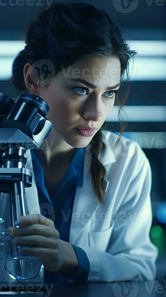 A woman scientist conducting research with a microscope AI Generated photo