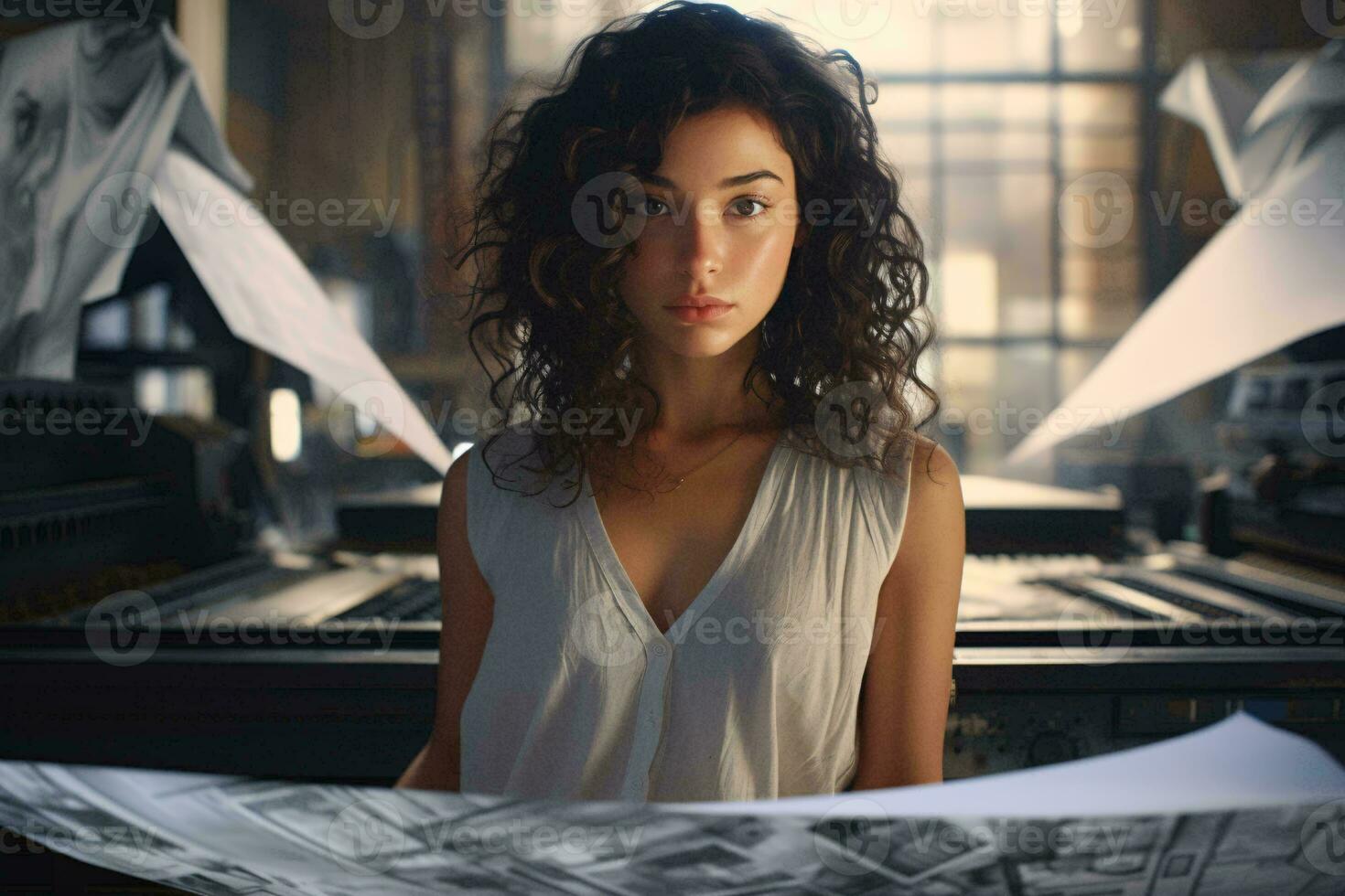 A woman standing in front of a stack of papers AI Generated photo