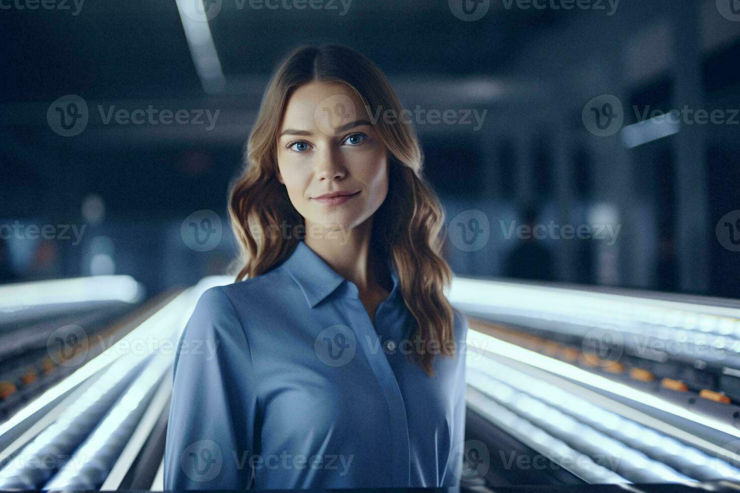 A woman in a blue shirt standing in a factory AI Generated photo