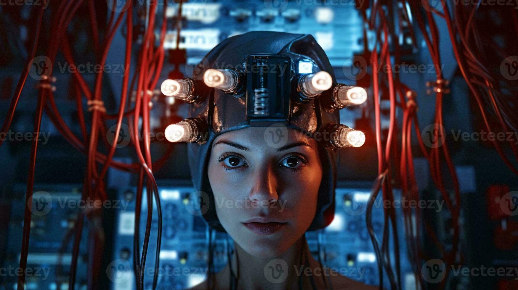 A woman wearing a headlight surrounded by wires AI Generated photo