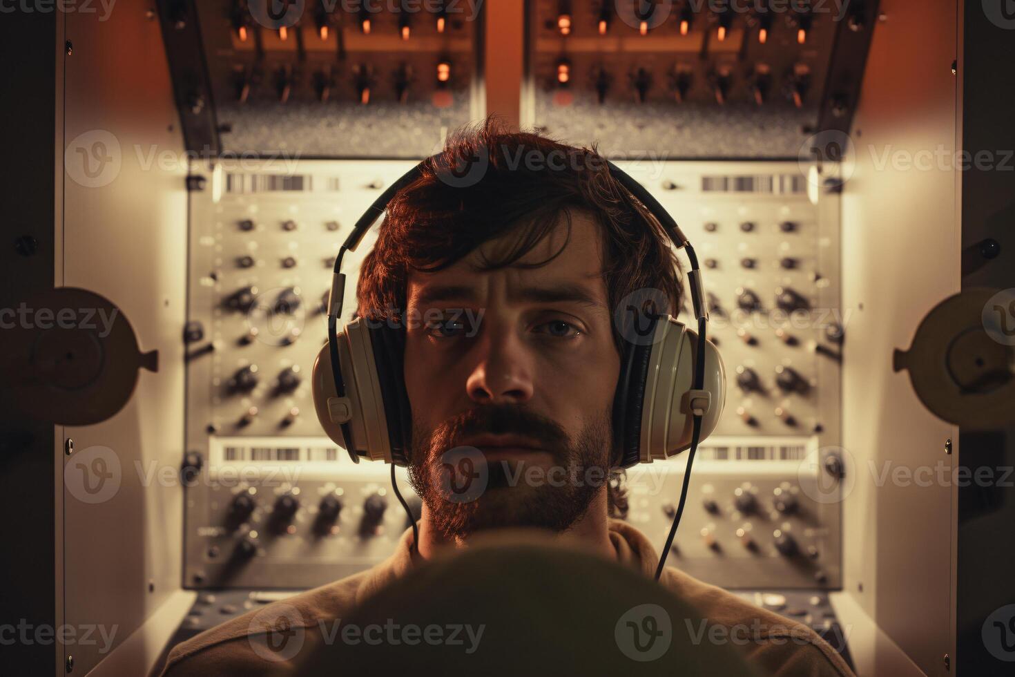 A man wearing headphones in a recording studio AI Generated photo