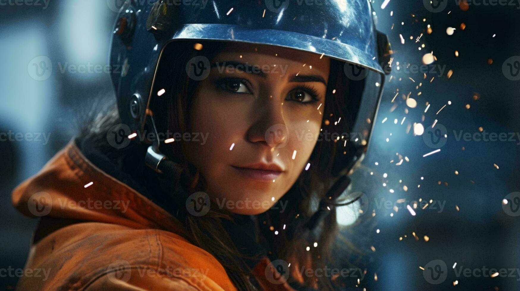 A woman with a fiery expression wearing a helmet with sparks flying out AI Generated photo