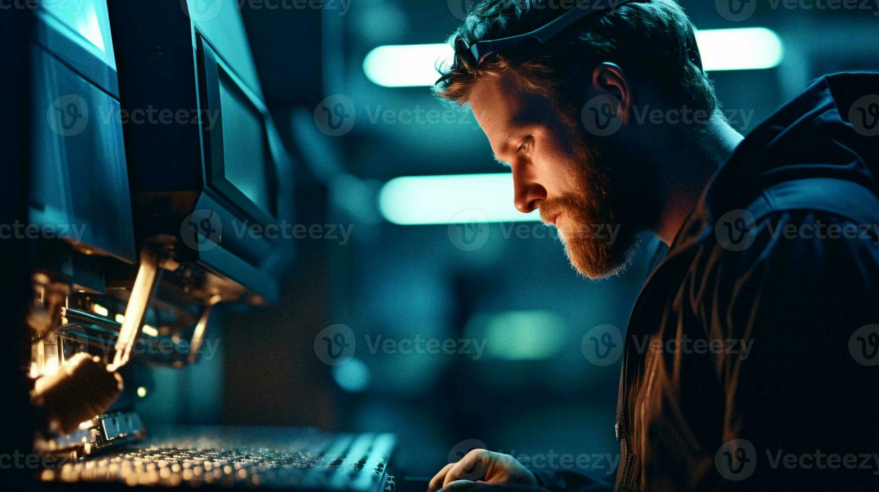 A man working on a computer in a dimly lit room AI Generated photo