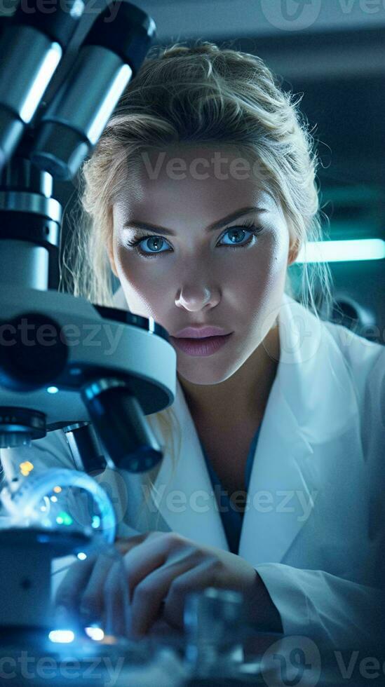 A scientist examining a specimen under a microscope AI Generated photo