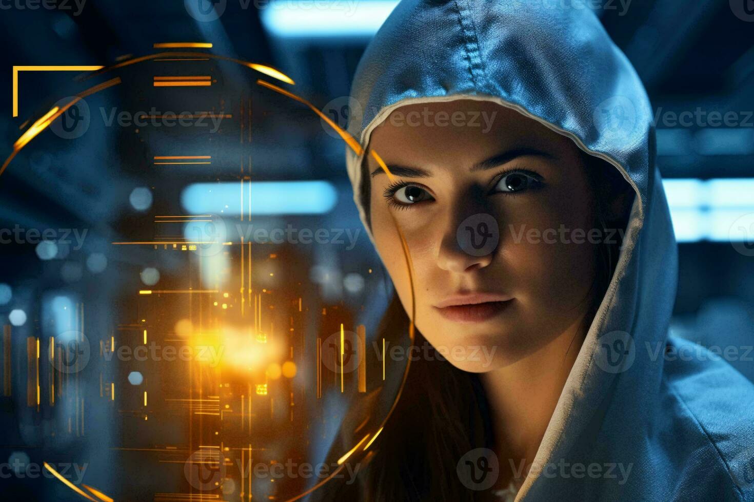 A woman in a hooded jacket making eye contact with the viewer AI Generated photo