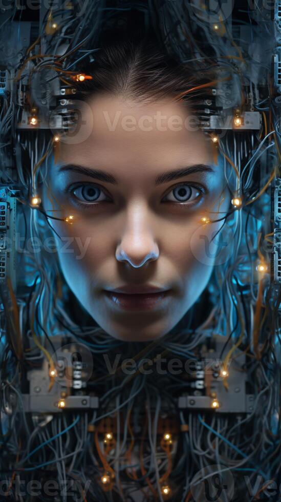 A woman's face surrounded by wires and cables AI Generated photo