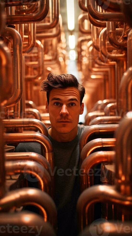 un hombre rodeado por un red de cobre tubería en un habitación ai generado foto