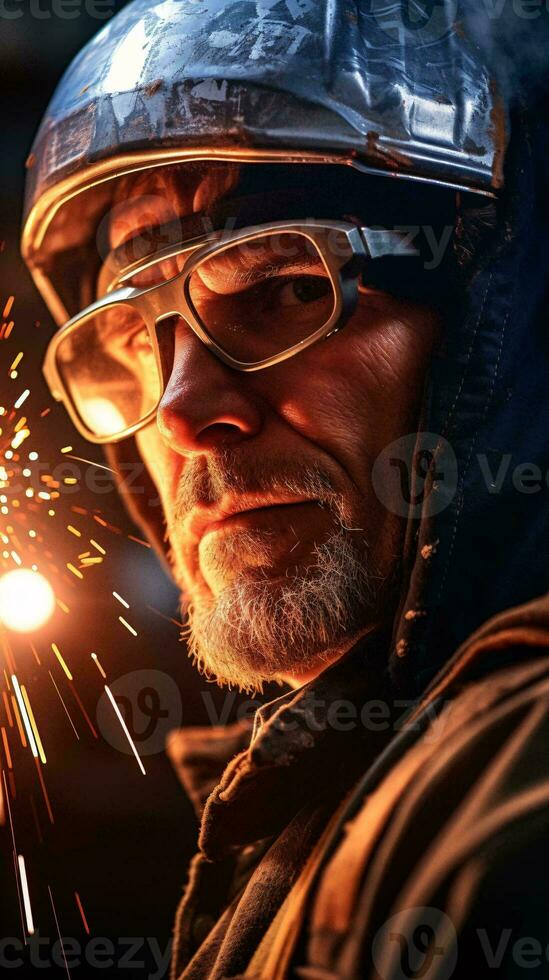 A man holding a sparkler with a helmet and glasses AI Generated photo