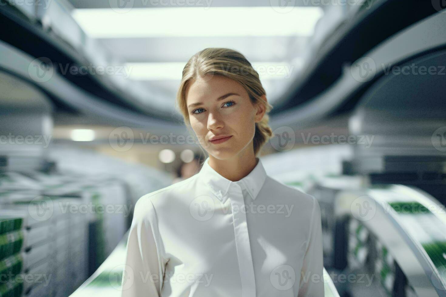 un mujer en un blanco camisa en pie en un habitación ai generado foto