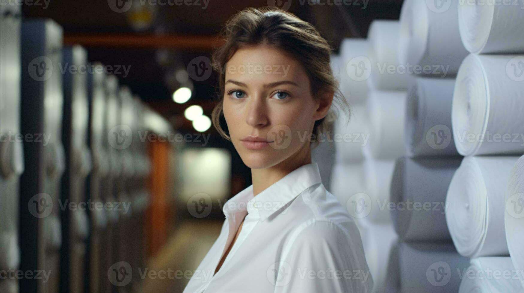 A woman surrounded by stacks of toilet paper AI Generated photo