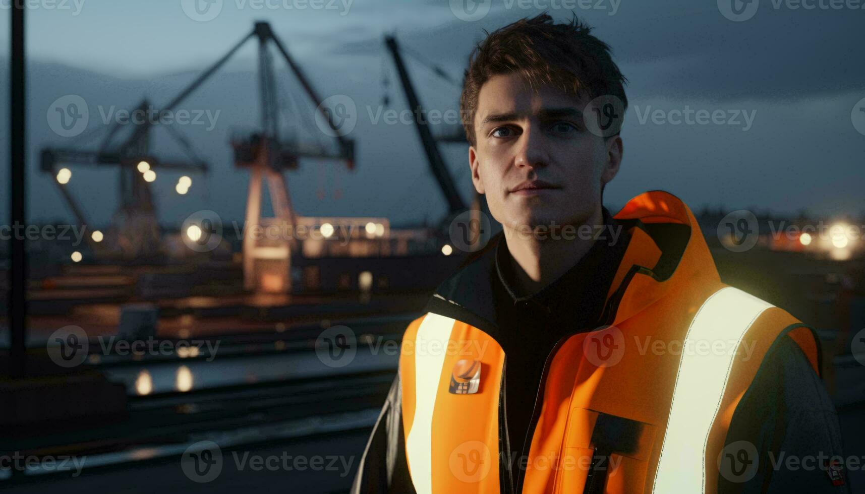 A man in an orange vest standing in front of a train AI Generated photo