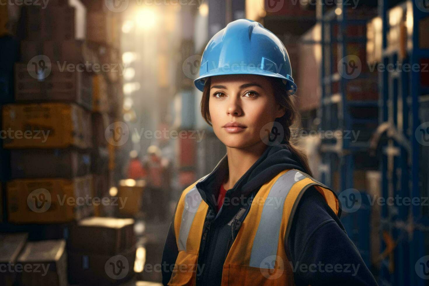 A woman wearing a hard hat in a warehouse AI Generated photo